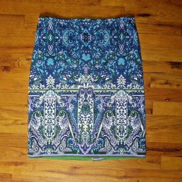 Talbots Pencil Skirt Paisley Print Damask Classic Blue Purple green stretch slit - Picture 7 of 8